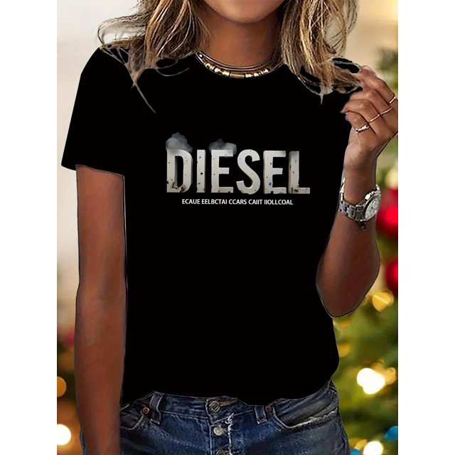T-Shirt Graphique Diesel pour Femmes - Col Rond Décontracté Manches Courtes avec Imprimé Camion Vintage, Mélange Polyester Doux, Tailles P-TTG Disponibles, T-Shirt Diesel