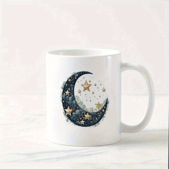 1pc 11oz Mystical Moon& Stars Ceramic Mug- Celestial Night Sky Design with Crescent Moon& Golden Stars, Durable Handmade Coffee Cup for Tea, Hot Chocolate- Perfect Christmas, Thanksgiving,