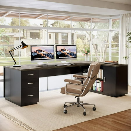 85.8-Inch L-Shaped Executive Desk with File Drawers, Extra Large Commercial Office Desk