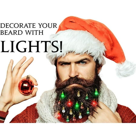 Beardaments Lights- Light Up Beard Ornaments, 16pc Christmas Facial Hair Baubles with Mini