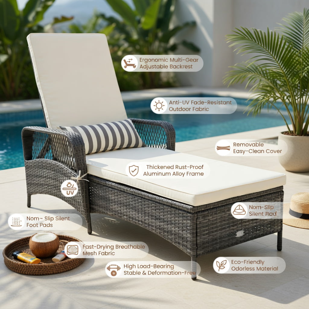 Hommoo Outdoor Chaise Lounge Chair with 6-Position Reclining Backrest, Gray PE Rattan, Heavy-Duty Metal Frame, Poolside Patio Lounger, Off-White