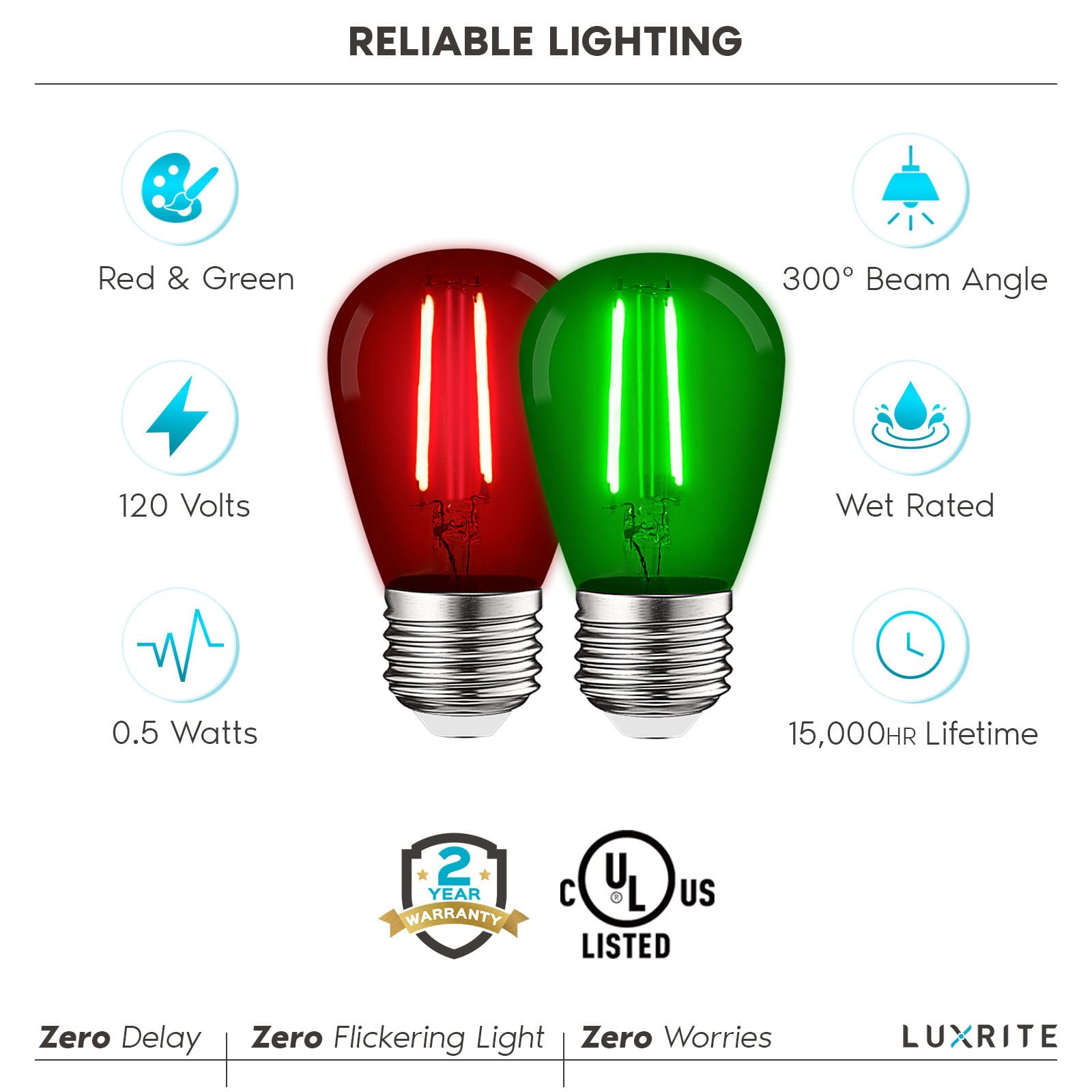 Luxrite S14 Christmas LED Red and Green Light Bulbs, 0.5W, Outdoor String Lights, UL, E26, Indoor Outdoor, Party, Holiday 6 Pack