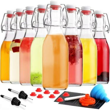 TINANA Swing Top Glass Bottles 8 Pack, 8.5 oz Flip Top Beer Brewing Bottle, Airtight Stopper Cap Lid, Bonus 2 Bottle Pourer for 2nd Fermentation, Kombucha, Kefir, Vanilla Extract, Coquito, Juice, Tea