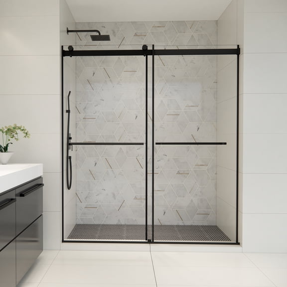 Altair Design Frameless Exposed Roller Shower Door in Matte Black with Clear Glass