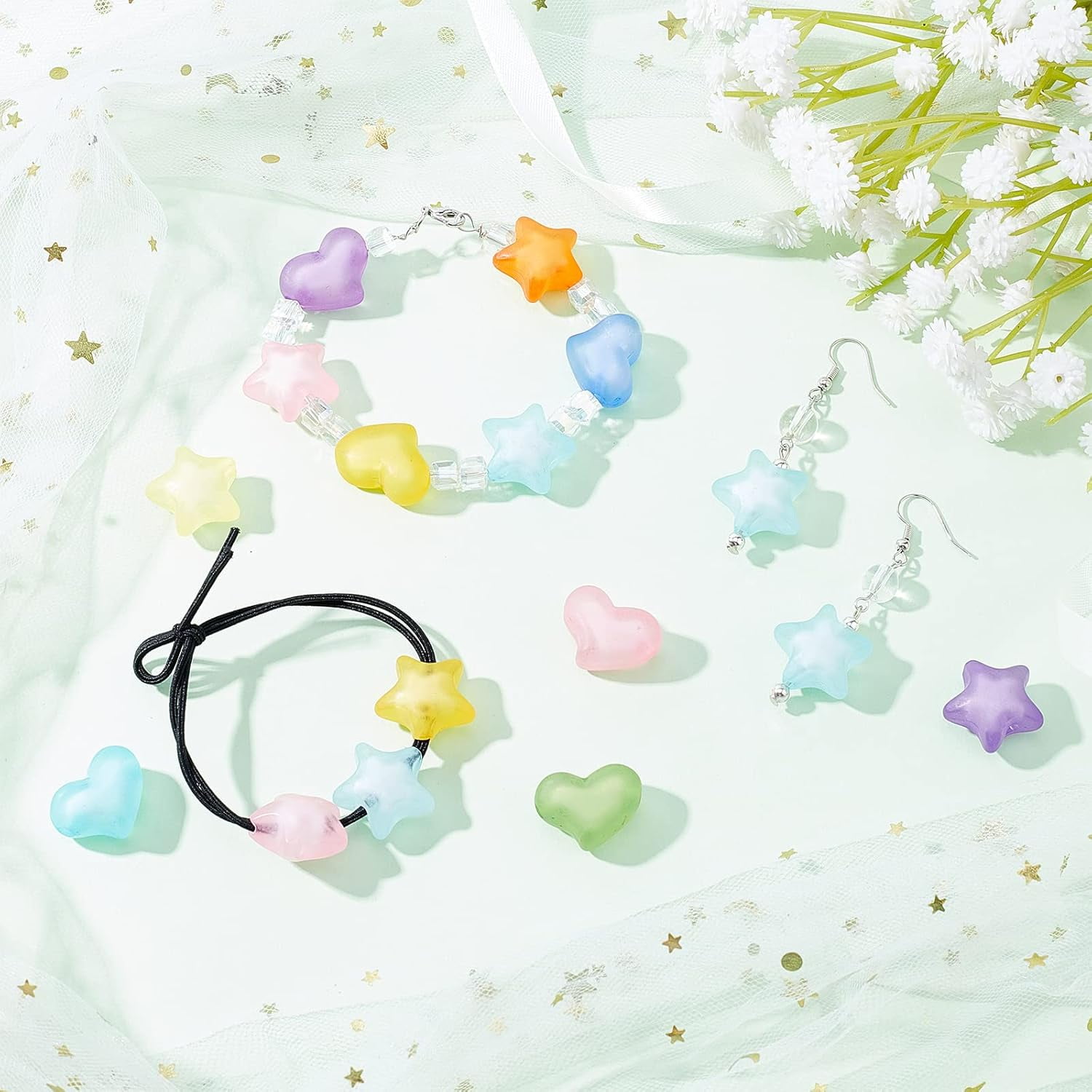 200pcs Heart Star Spacer Beads Acrylic Frosted Beads Candy Color Bead in Bead Spacer Beads for Bracelet Necklace DIY Jewelry Supplies Hair Braids Making Hole: 3mm diy