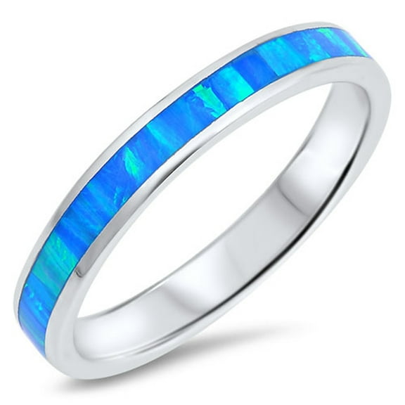 CHOOSE YOUR COLOR Blue Simulated Opal Stackable Eternity Wedding Ring Sterling Silver Band CZ Female Size 10
