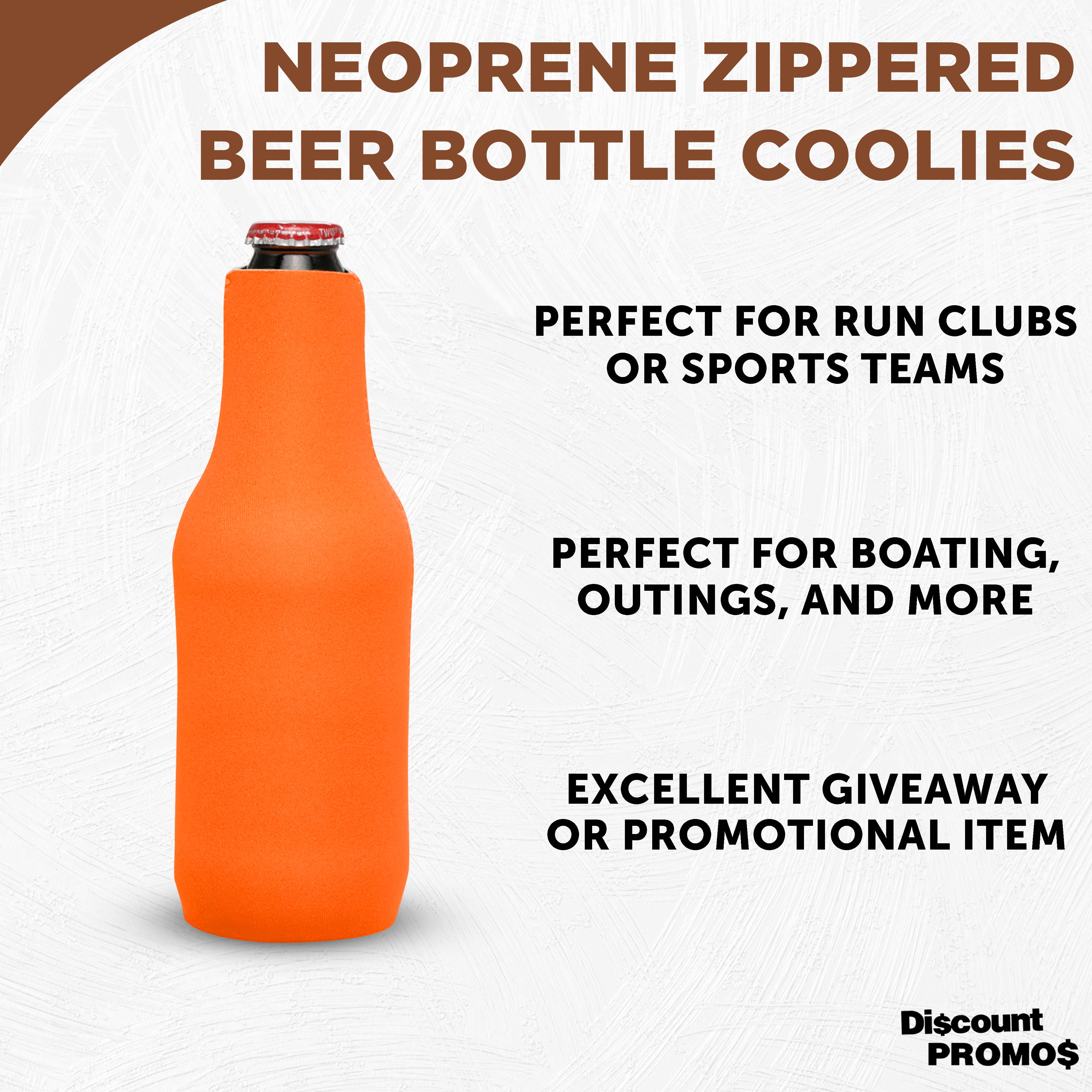 10 Neoprene Zippered Beer Bottle Coolies Pack - Sharkskin Rubber Bottom - Neon Orange