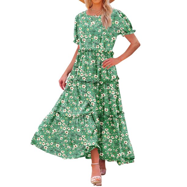 Puntoco Falda De Encaje De Pastel De Moda Casual Para Mujer Vestido De Cuello Redondo De Manga Corta Estampado Vestido De Cuello Redondo De Manga Corta Verde M,Regalos Para Mujer Joven