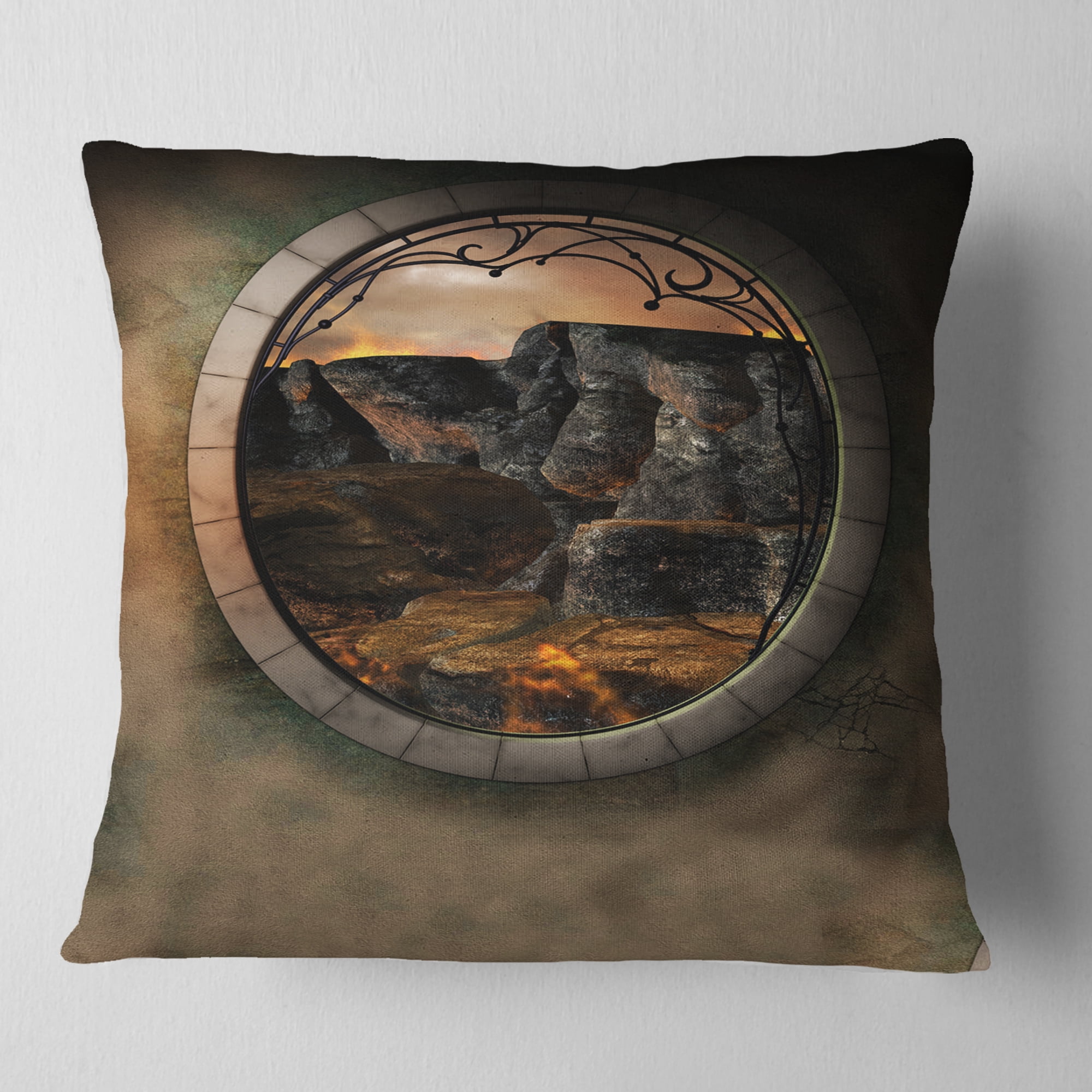 Designart Brown Fantasy Landscape with Frame - Photography Throw Pillow - 16x16