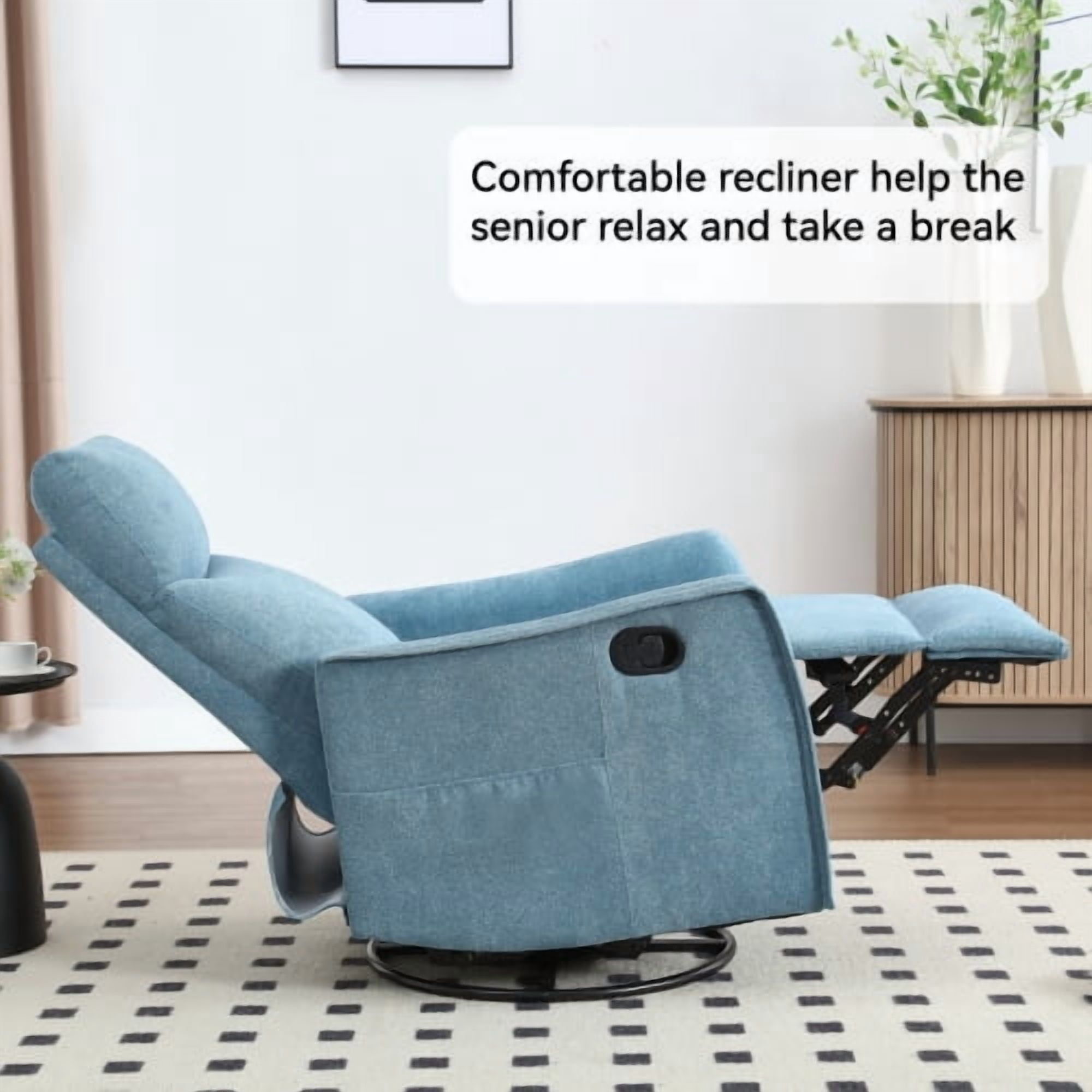 Leumius Recliner Chair with Massage and Heat,360° Manual Swivel Rocker Chair for Adults,Upholstered Fabric Glider Recliner Nursery Chair with Side Pockets for Living Room,Blue