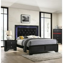 3pc Modern Glam Style Full Size Upholstery LED Bed and Nightstands Bedroom Set Wooden Furniture Black