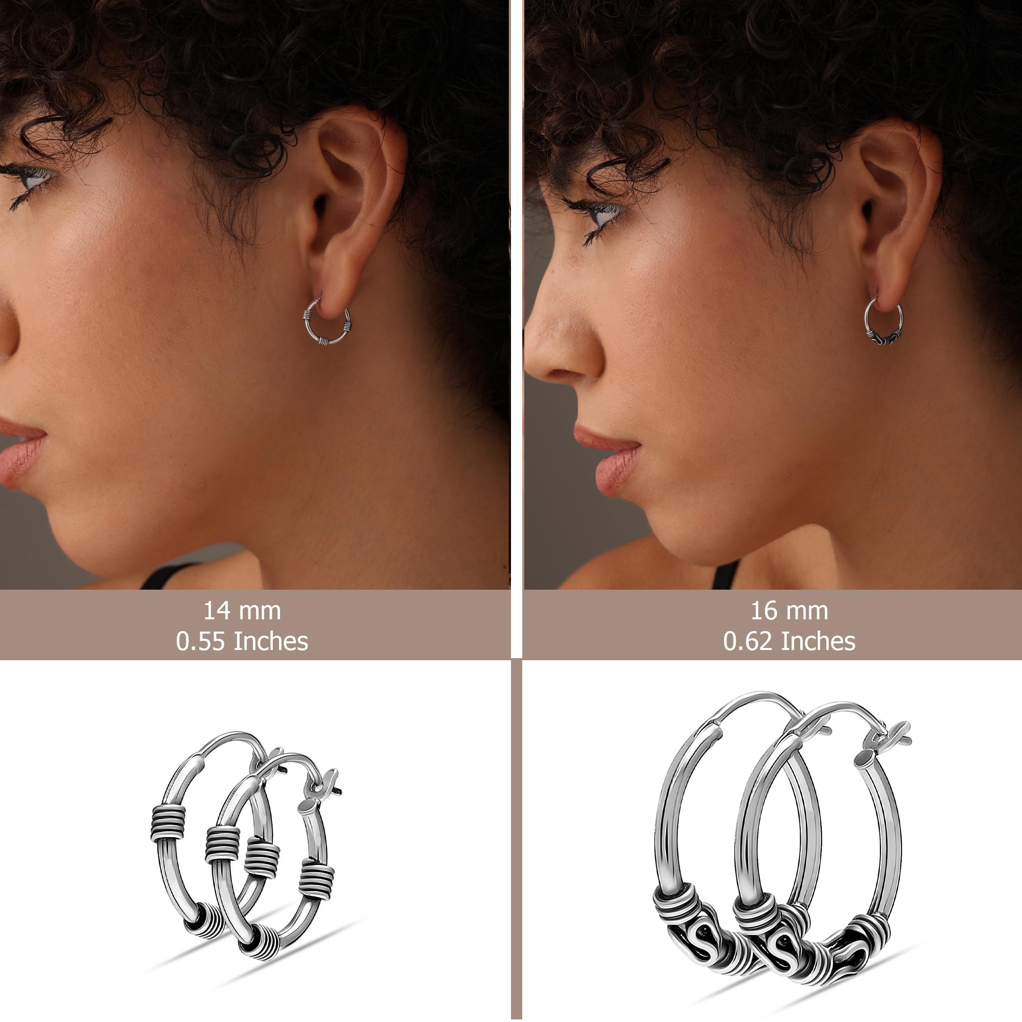 LeCalla Hypoallergenic Balinese Antique Sterling Silver Hoop Earrings, Small Set of 2 Pairs (14mm, 16mm)