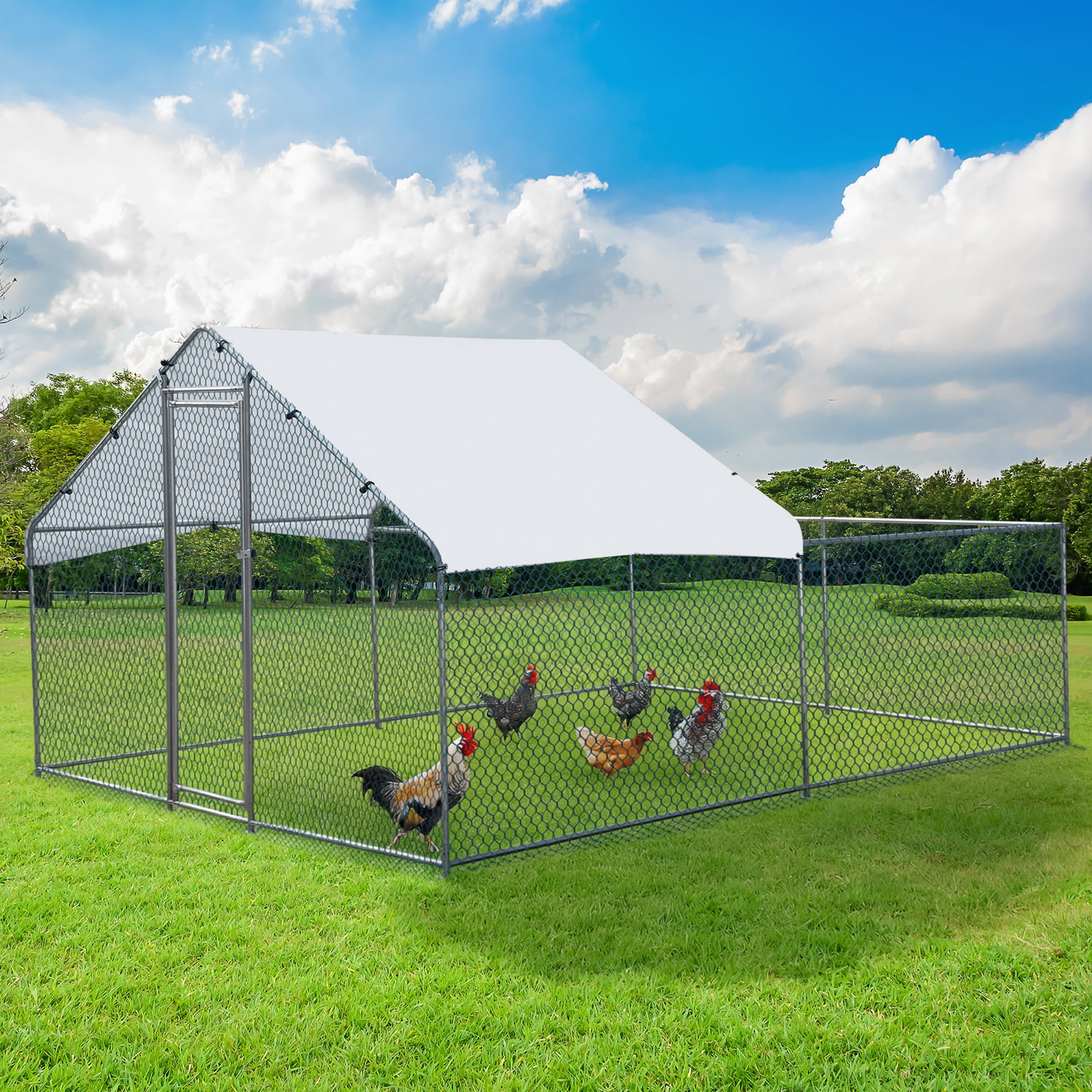 Large Peak Walk-in Chicken Coop, Heavy Duty Metal Chicken Run for Chickens with Waterproof and Anti-UV Cover, for Outdoor and Yard Farm Use, 9.8' x 6.5' x 6.5'