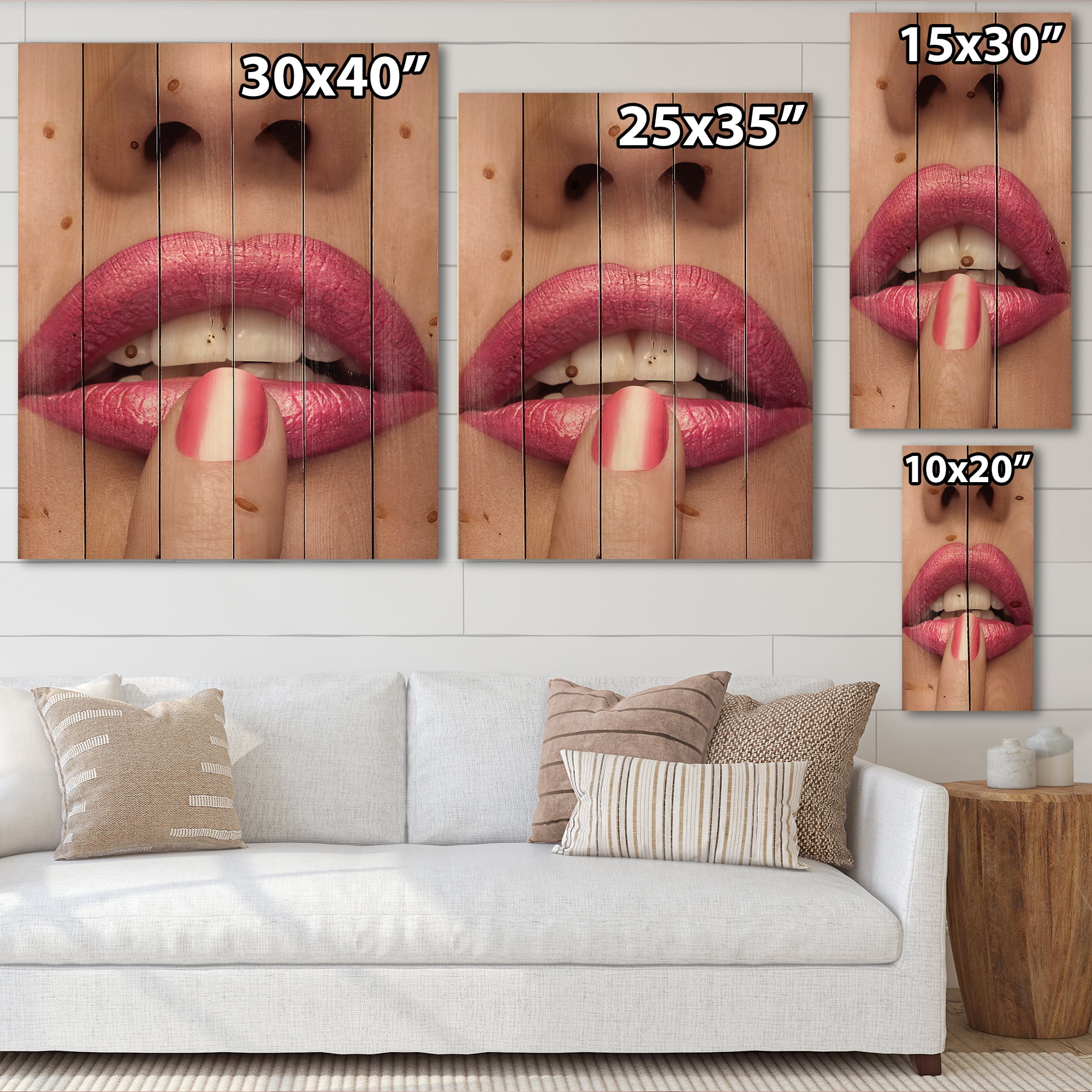 Designart 'Pink Female Lips With Finger On Mouth' Modern Print on Natural Pine Wood