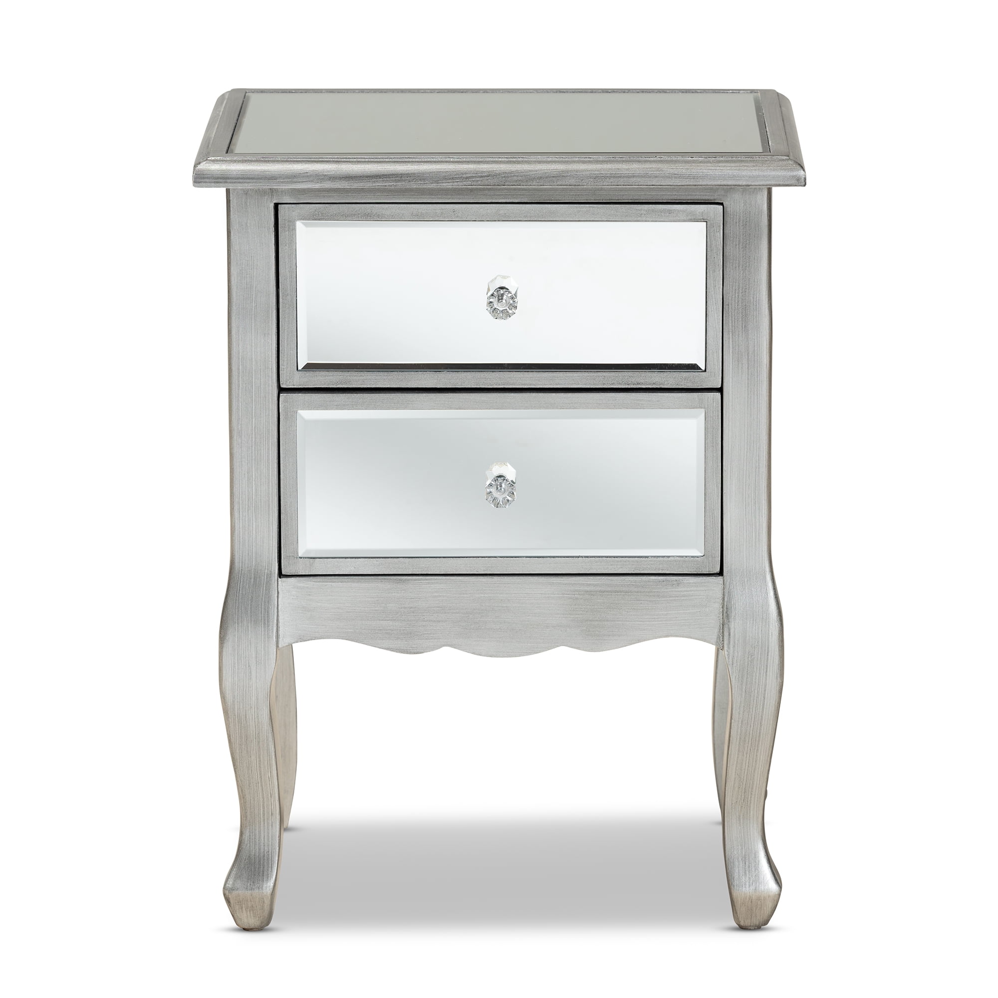 Baxton Studio Leonie Modern Transitional French Brushed Silver Finished Wood and Mirrored Glass 2-Drawer End Table