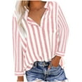 thumbnail image 2 of WCMZJ Women's Fall Cotton 3/4 Sleeves Shirts Striped Print Casual V Neck Button Down Shirts Casual Tee Blouses with Pockets Pink M, 2 of 6