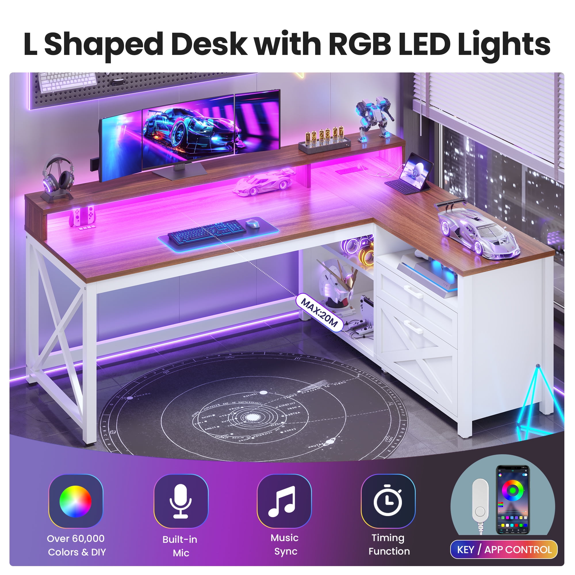 SEDETA L-Shaped Desk with Power Outlets & LED Lights for Home Office, Large Computer Desk with Monitor Stand & Storage Drawer & File Drawer, Farmhouse Corner Computer Desk with 5 Open Shelves, White