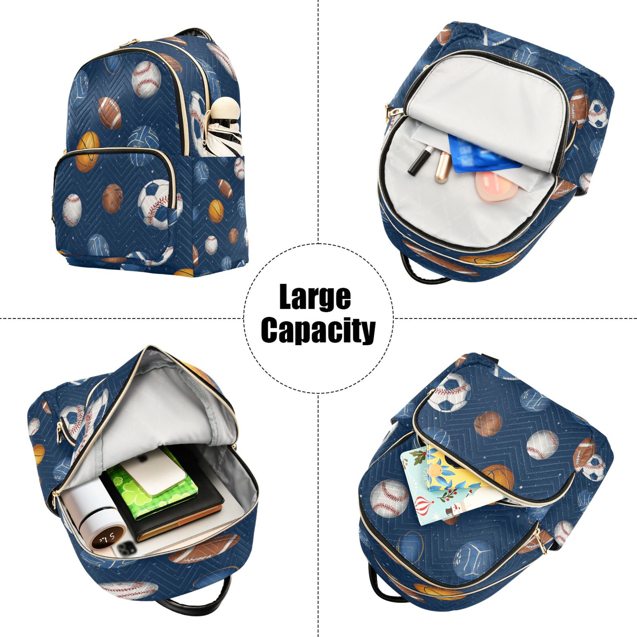Basketballs Footballs Rugby Baseballs Sports Quilted Backpack Fashion Daypack Commuter Bag for Women 8.5 L