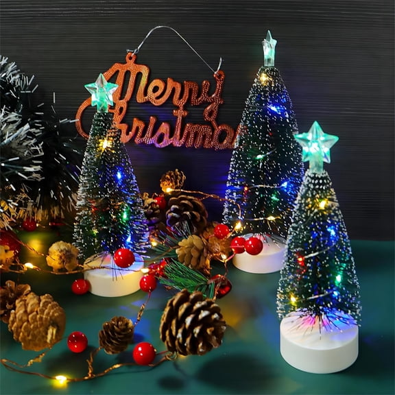 Bottle Brush Christmas Trees, Set of 3 with LED Lights, Mini Christmas Trees Tabletop Decor, Green Frosted Sisal Trees