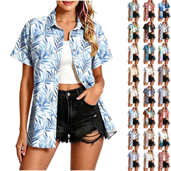 Juesizh Hawaiian Shirts for Women Plus Size Summer Tops Trendy Casual Button Down Casual Print T Shirts, S-5XL