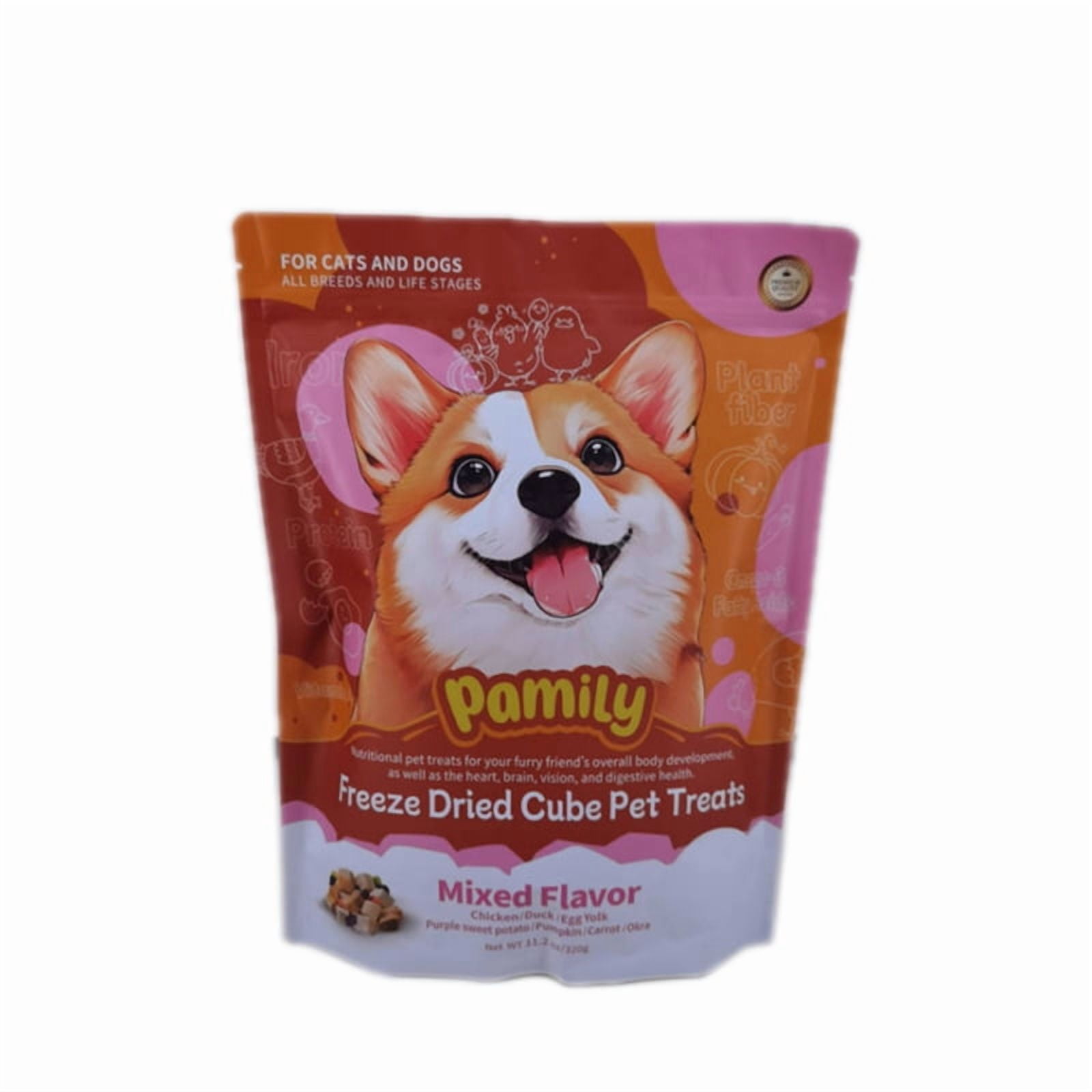 320g/11.2ozPamily Freeze Dried Cube Pet Treats Mixed Flavor for Dogs-Chicken, Duck, Egg Yolk, Purple sweet potato, Pumpkin, Carrot, Okra