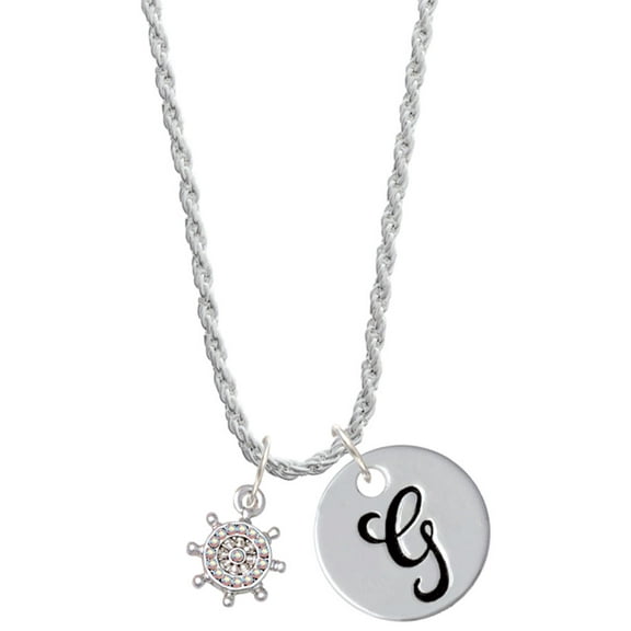 Delight Jewelry Silvertone Mini AB Crystal Ship Wheel - Navigation Silvertone Script Initial Disc - G - Charm Necklace, 20" 3"