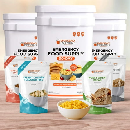 Emergency Essentials 1-Month Emergency Food Supply Bucket, 257 Servings, 56,650 Calories | Long-Term Survival Food Kit for Disaster Preparedness, Camping, and Power Outages