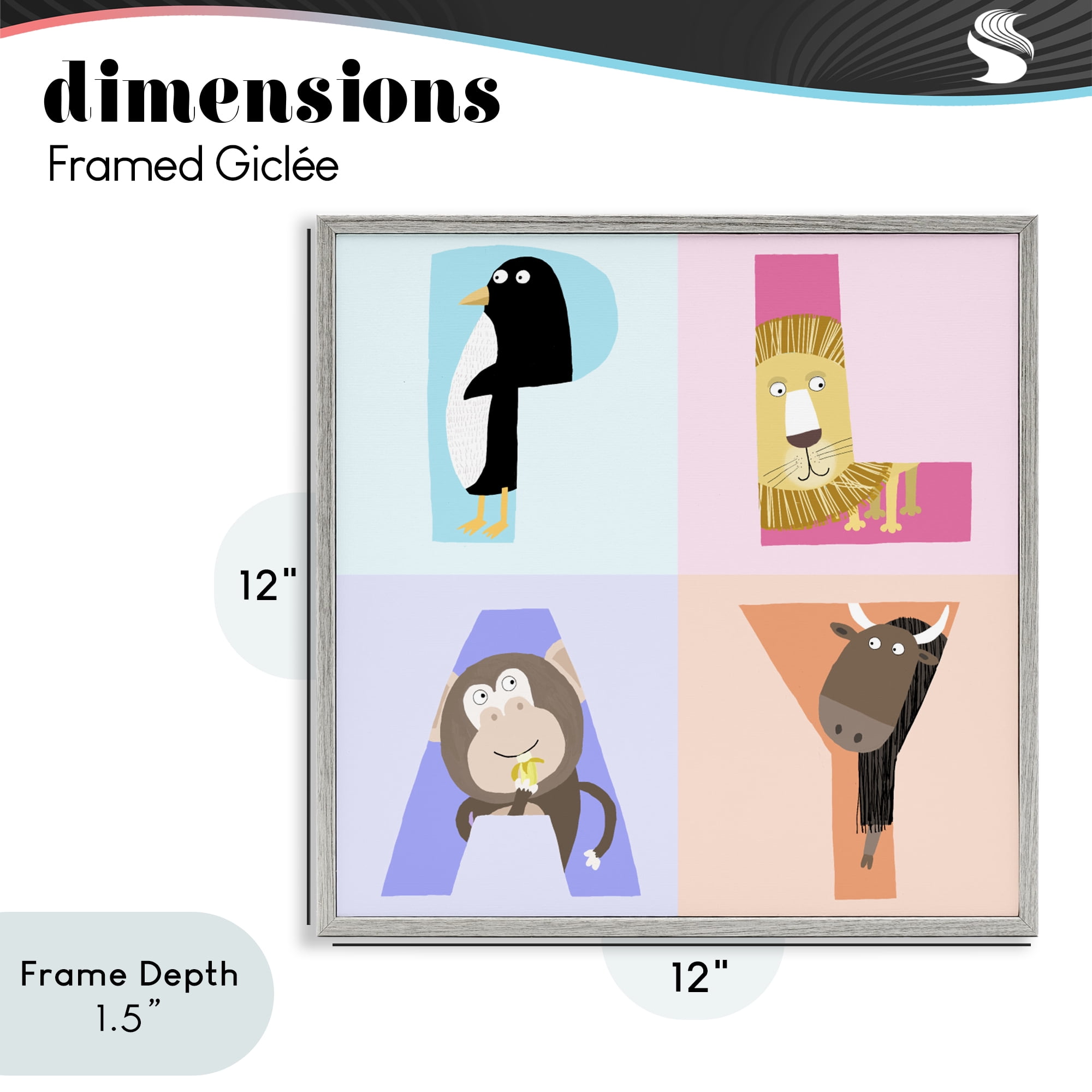 Stupell Industries Play Letters Squares with Animals Gray Framed Giclee Art, design by Carla Daly