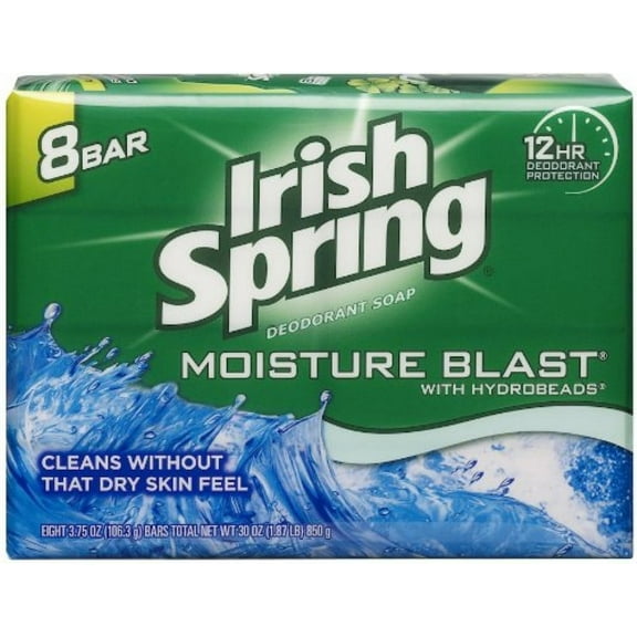Irish Spring Deodorant Bar Soap Moisture Blast with HydroBeads, 4 oz bars, 8 ea