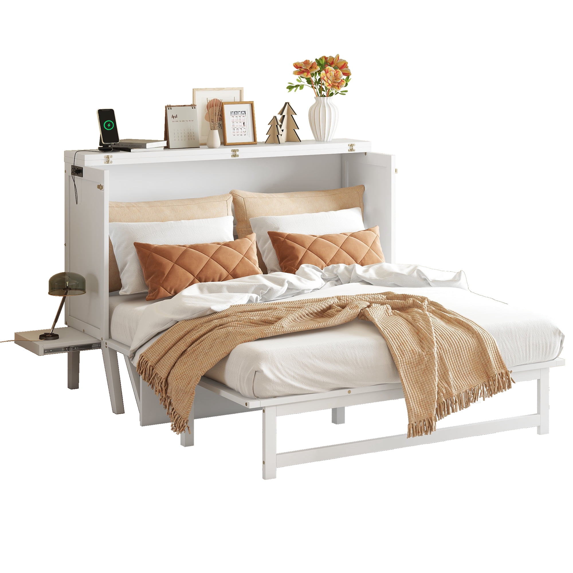 Sailvan Queen Size Murphy Bed with USB Port Shelves on Each Side, Solid Pine Murphy Cabinet Bed