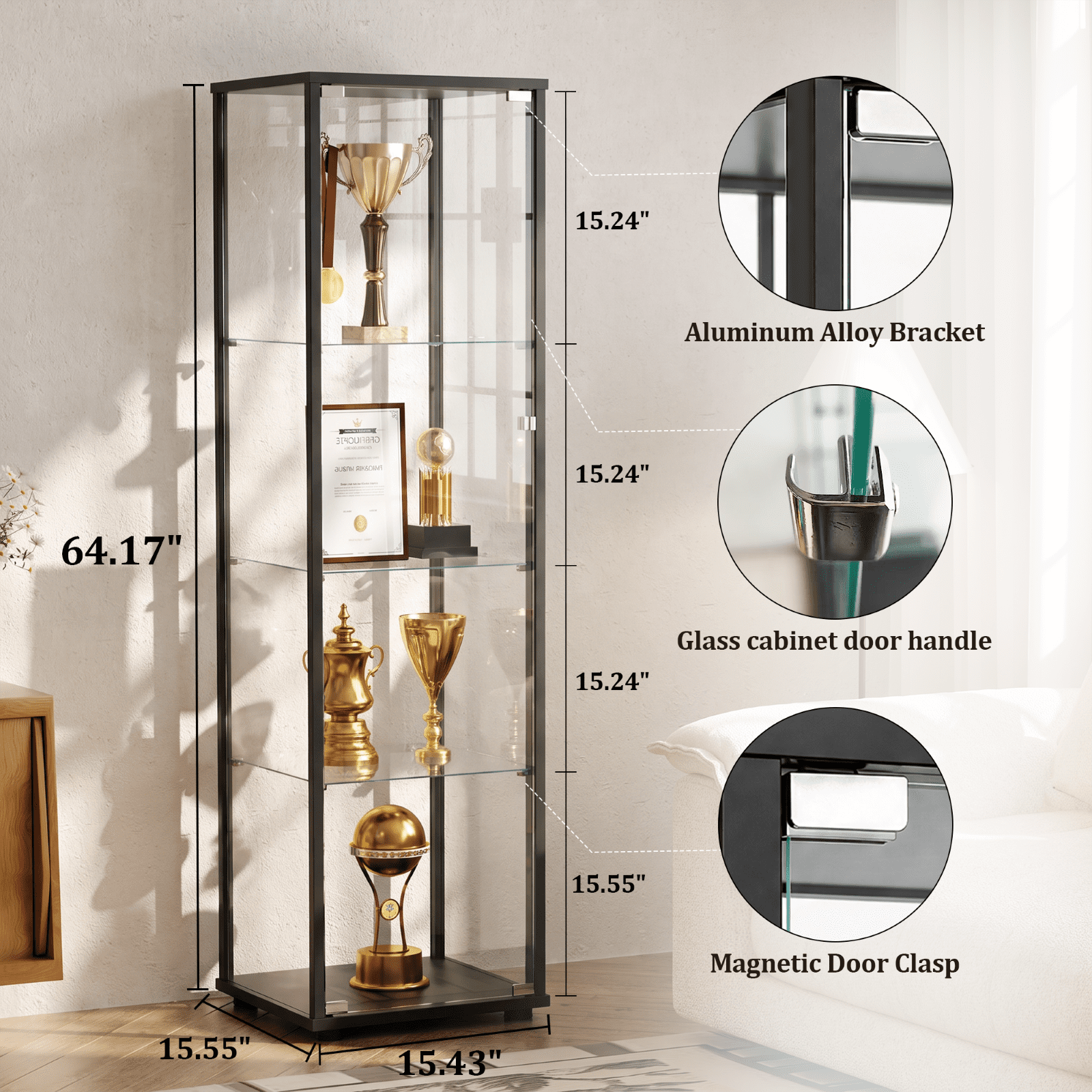 Gleamira 4-Shelf Glass Display Cabinet Freestanding Curio Cabinet with Aluminum Frame Single Glass Door, Black