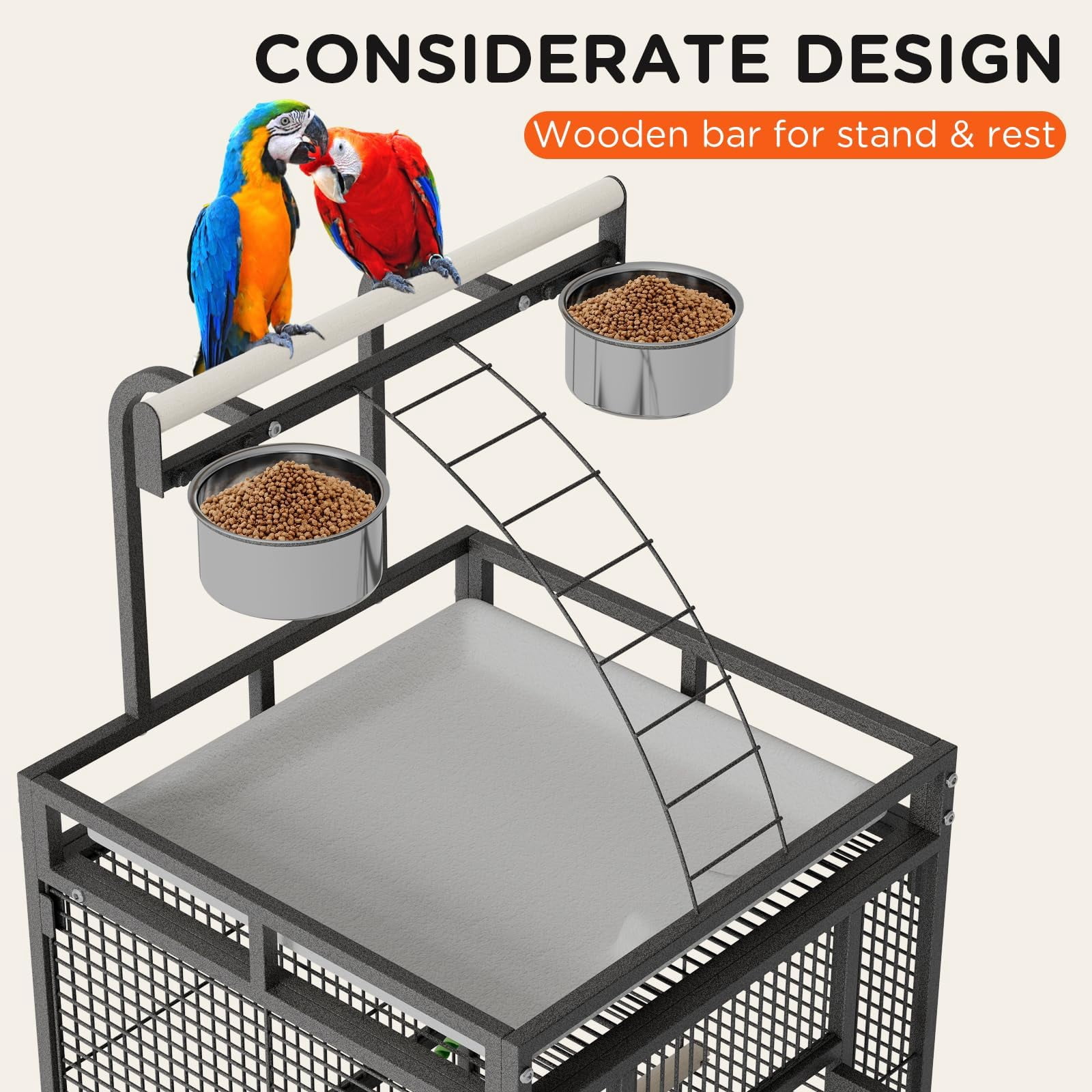Large 60" Wrought Iron Bird Flight Cage with Rolling Stand & Play Top – Heavy Duty Parrot Cage with 4 Stainless Steel Bowls for African Grey, Cockatiel, Conure, Parakeet, Black