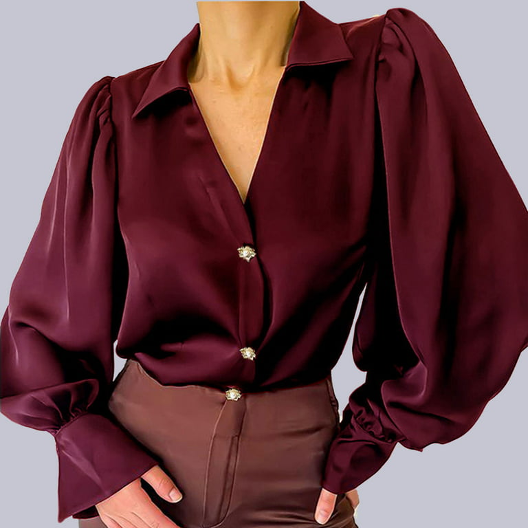 RQYYD Women's Satin Blouse V Neck Pleated Button Down Shirts Casual Loose  Lantern Long Sleeve Office Work Tunic Tops