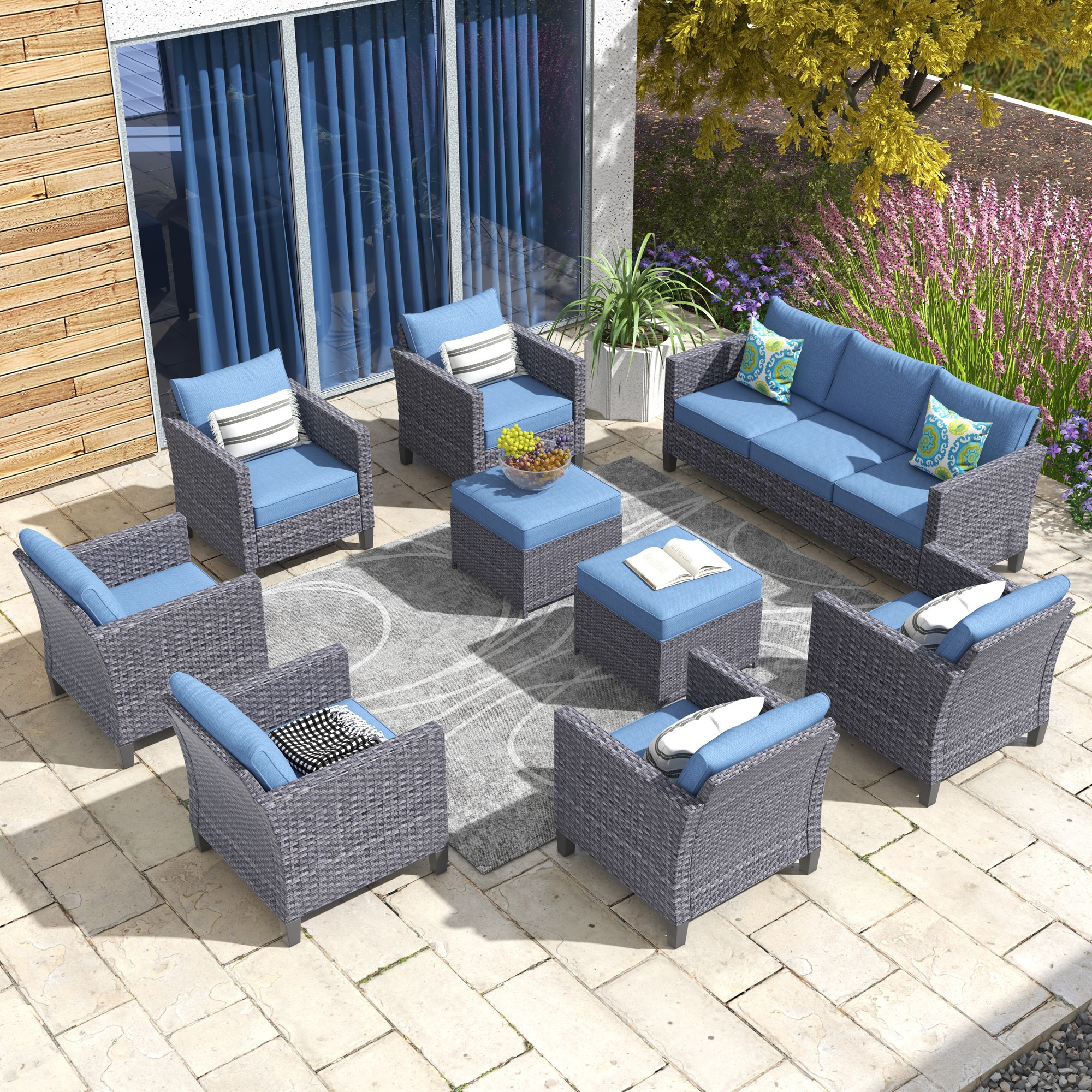 Ovios 9 Piece Outdoor Furniture All Weather Patio Conversation Chair Set Wicker Sectional Sofa with Soft Cushions for Garden Backyard (Denim Blue) - image 2 of 7