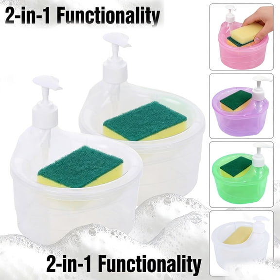 Dish Soap Dispenser for Kitchen, Sponge Holder Sink Dish Washing Soap Dispenser, Premium 2-in-1 Kitchen Gadgets, Dish Washing Liquid Soap Dispenser with Sponge Holder - White-2PC