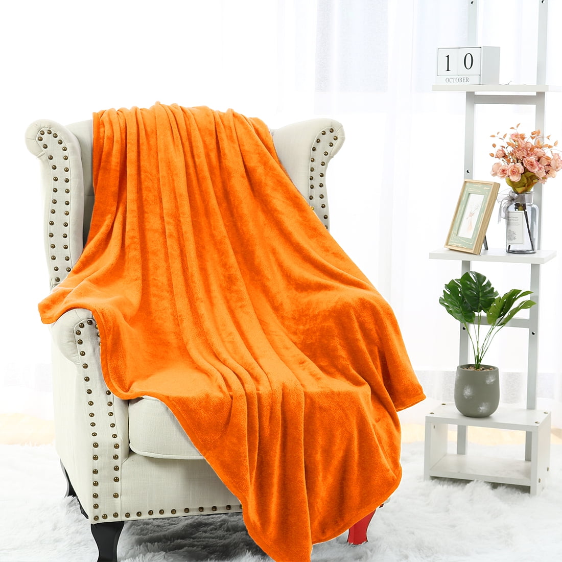 Unique Bargains Flannel Fleece Blanket Soft Luxury Hemmed Orange Twin XL