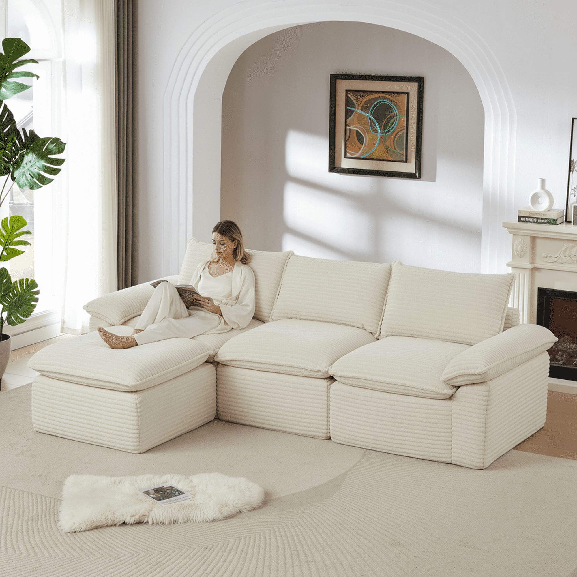MAYEERTY Modern Modular Corduroy Sofa, White Cloud-Soft Sectional Couch for Apartment