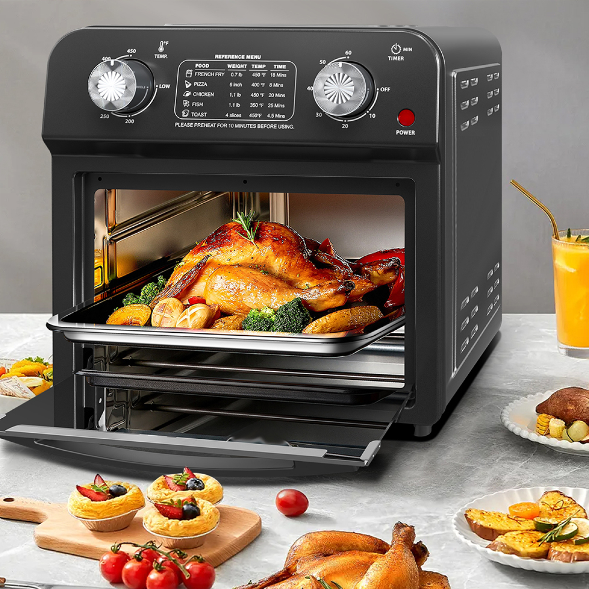 Black 12.5 Quart 7-in-1 Convection Toaster Oven - 1500W Stainless Steel 5 Pre-set Menus