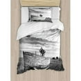 thumbnail image 3 of Ocean Decor King Size Duvet Cover Set, Picture of a Dated Wooden Boat on Rocky Beach and Stormy Clouds in the Sky Air Image, Decorative 3 Piece Bedding Set with 2 Pillow Shams, Grey, by Ambesonne, 3 of 3