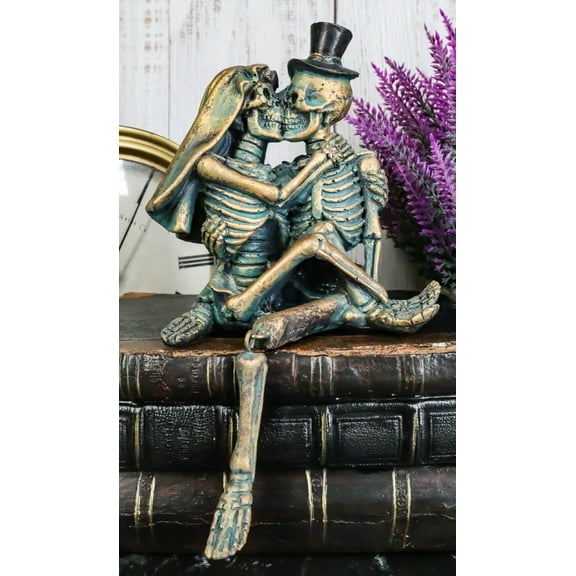 Love Never Dies Skeleton Couple Bride and Groom Kissing Shelf Sitter Figurine