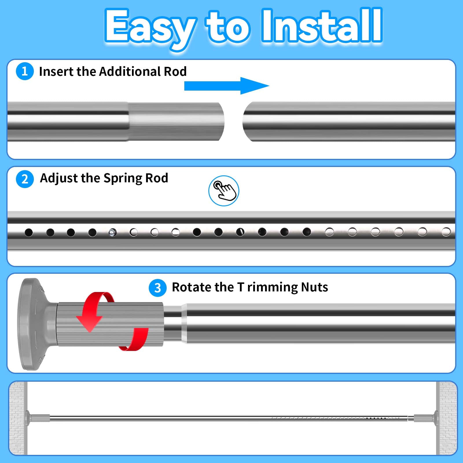 Ktinnead Tension Curtain Rod 51-128in, Extra Long Curtain Rod No Drilling for Window or Bathroom Patio, Adjustable Spring Shower Curtain Rod, Easy to Install Never Rust, Rod Diameter 1.26in-Silver