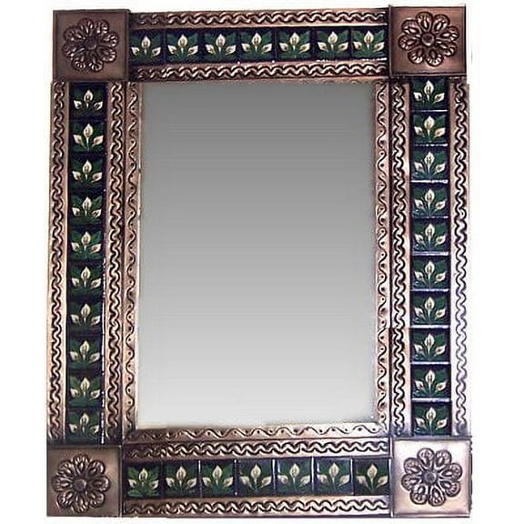 Medium Brown Three-lily Tile Talavera Tin Mirror