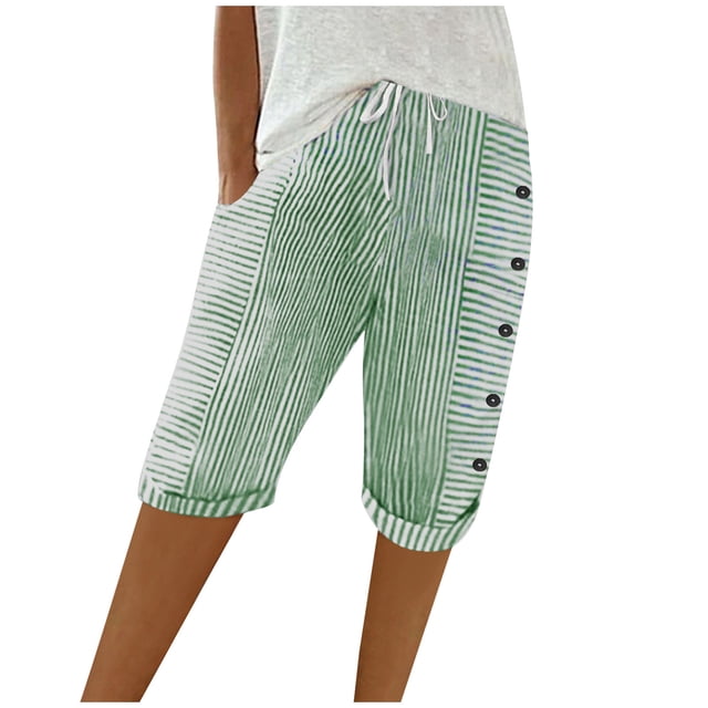 Capris Décontractés pour Femmes d'Été en Coton et Lin Tissé à Rayures Patchwork à Boutons, Coupe Ample