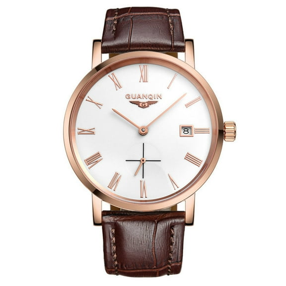 GUANQIN Men Vintage Calendar Analog Automatic Self Winding Mechanical Wrist Watch with Stainless Steel Case and Leather Strap Sapphire Mirror