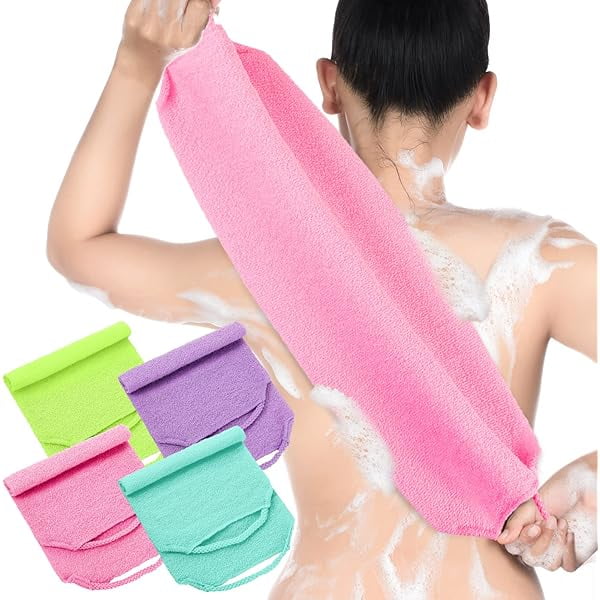 wonima11 Exfoliating Back Scrubber with Handles 4 Pack Nylon Back Exfoliator Extended Length Washers Scrubbers Stretchable Pull Strap Exfoliating Washcloth(Pink,Blue,Fluorescent Green,Purple)