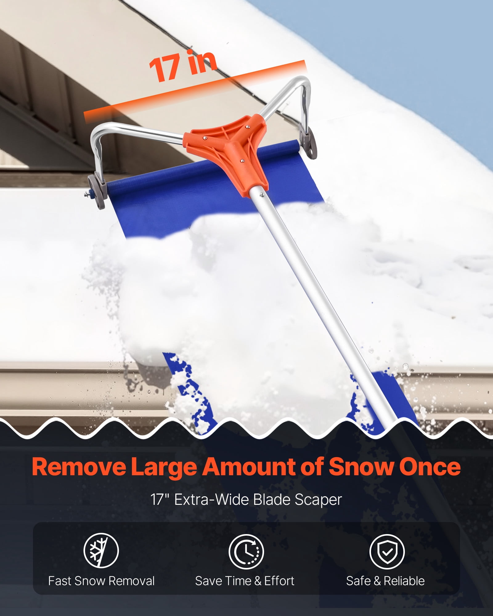 VEVOR Snow Roof Rake, 17 in Aluminum Blade, 4.1-17.2 ft Adjustable Roof Snow Scraper with Wheels & Slide, Lightweight Snows Removal Tool for House Rooftop Leaves Debris Clearing