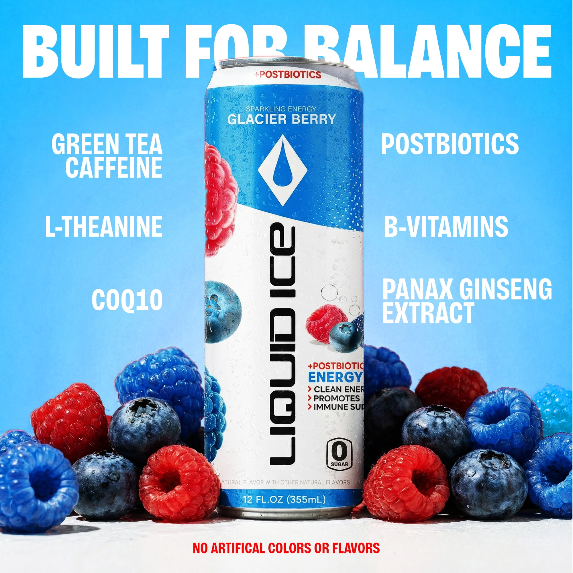 Liquid Ice Energy Drink, Zero Sugar, Glacier Berry 12 Fl Oz 12 Pack, Postbiotics, Clean Energy, 120mg Natural Caffeine, L Theanine, Green Tea Extract, CoQ10, Antioxidant Support