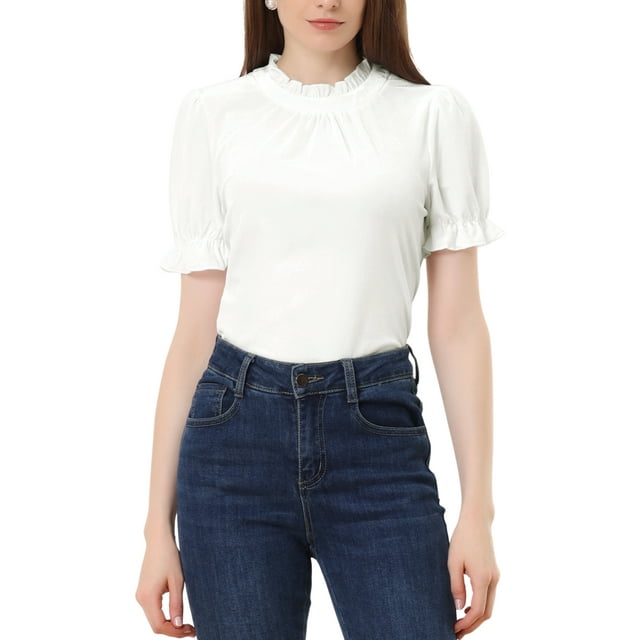 INSPIRE CHIC Chemise à Col à Volants pour Femmes, Manches Courtes, Hauts en Velours, Blouse TG Blanc