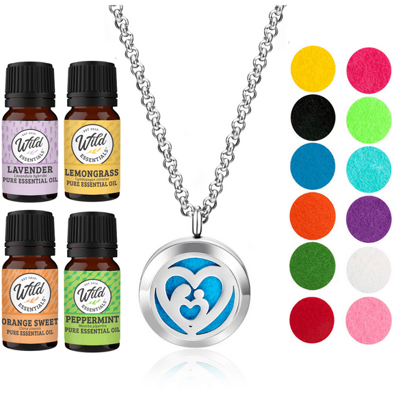 Wild Essentials Mother’s Heart Necklace Essential Oil Diffuser Kit With Lavender, Lemongrass, Peppermint, Orange Oils, 8 Refill Pads, Calming Aromatherapy Gift Set, Customizable Color Changing, Perfum