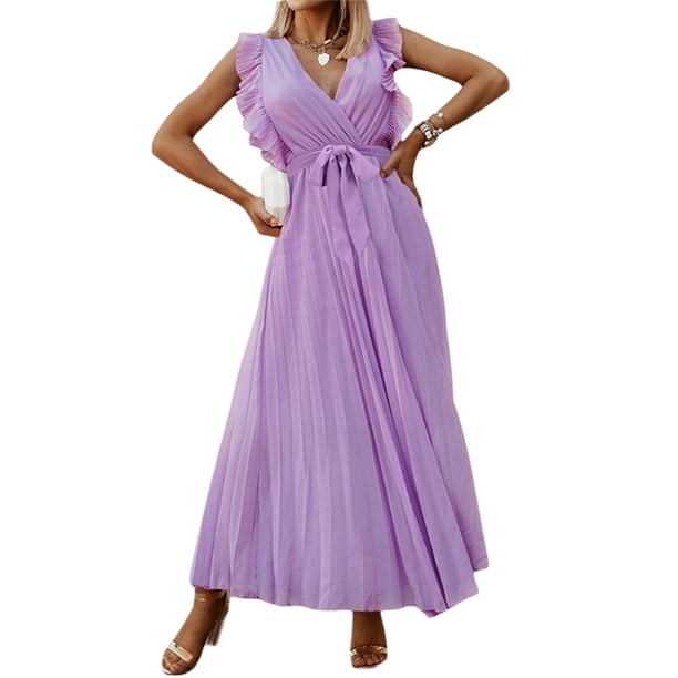 SAYOO Vestidos Largos de Manga con Volantes con cinturón para Mujer Verano, Vestidos de Gasa Plisados con Cuello en V de Color Sólido Casual SAYOO casual